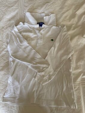 White Long Sleeve Polo with Small Green Clover Embroidery